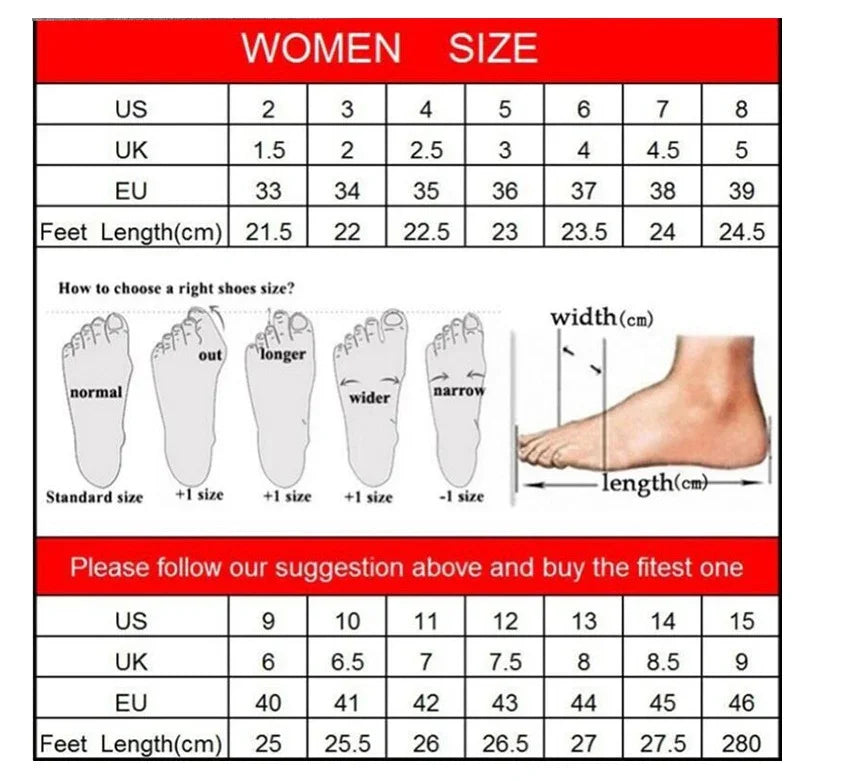 Women's shoe size chart with US, UK, EU sizes and foot length in cm plus fitting guide for wider, longer, narrow feet