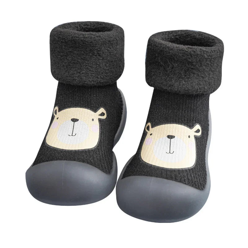 Black toddler indoor shoes with non-slip sole and cute bear face design