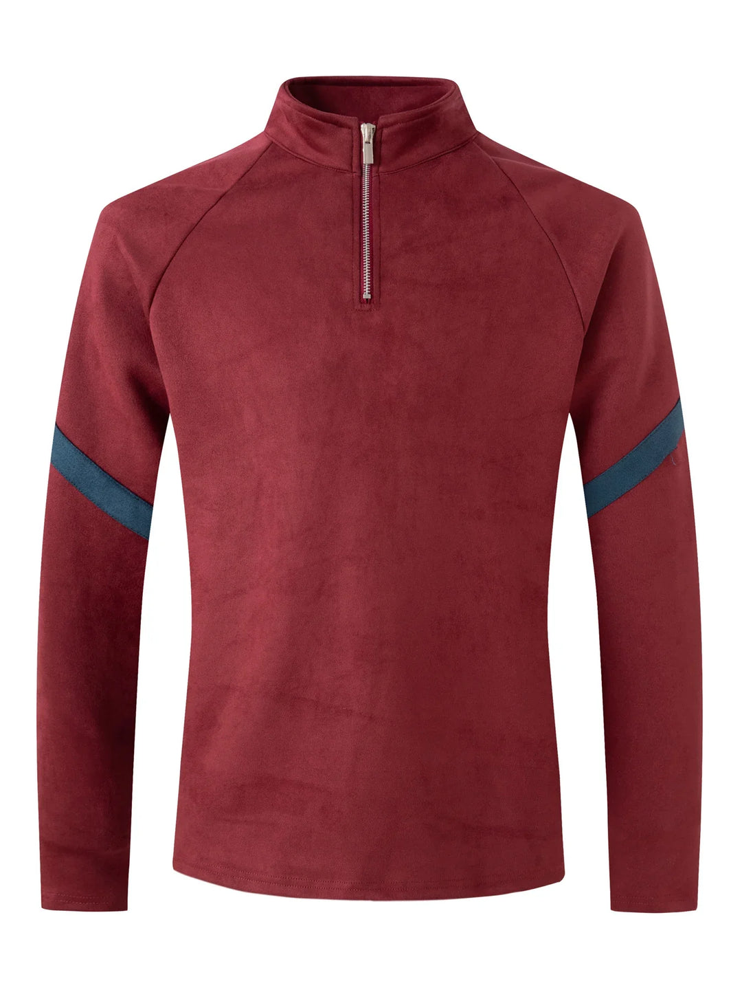 Men's maroon quarter-zip pullover with blue stripe on sleeves, long sleeve sweatshirt