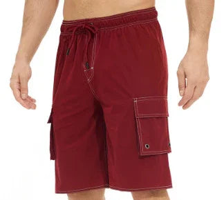 Men's red cargo swim shorts with drawstring waist and side pockets