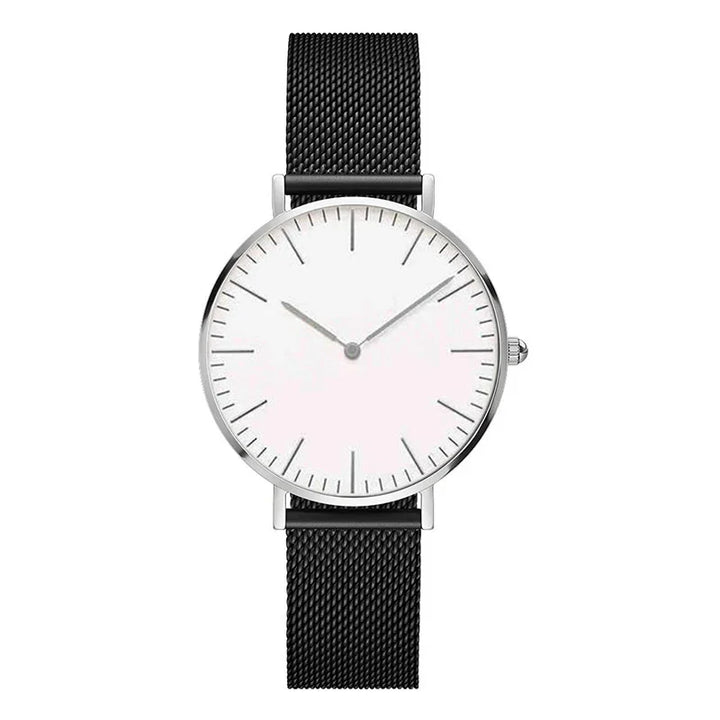 Minimalist silver watch with white dial and black mesh strap on white background