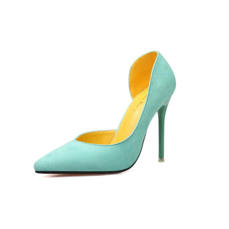 Single mint green suede stiletto high heel shoe with pointed toe and yellow interior lining