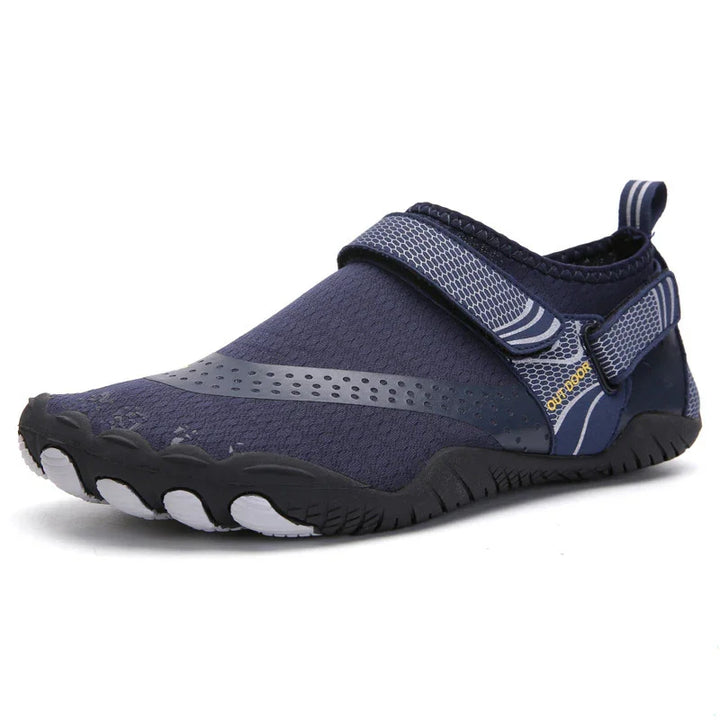 Navy blue water shoe with adjustable strap and flexible black sole for outdoor activities