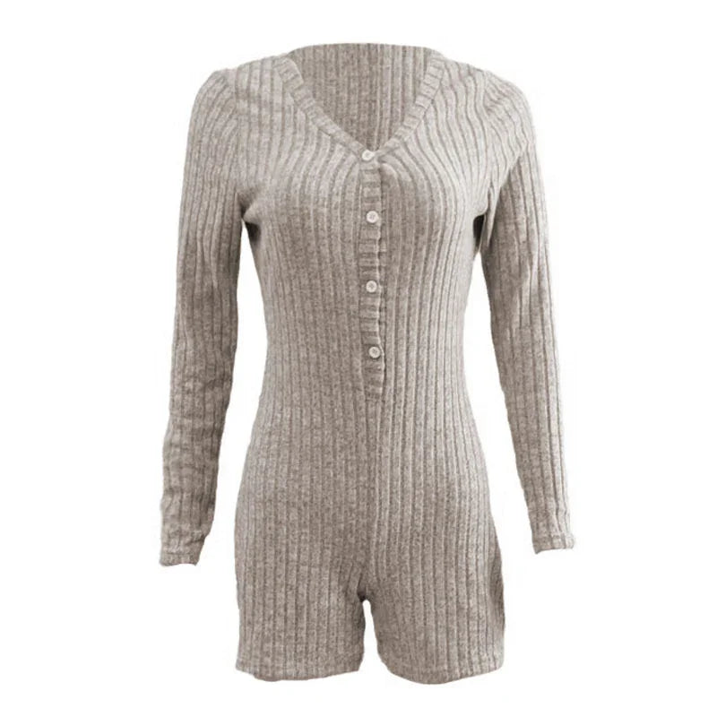 Beige knitted ribbed long-sleeve button-front romper for women