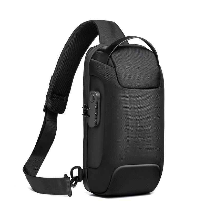 Black anti-theft sling backpack with padded shoulder strap and built-in combination lock