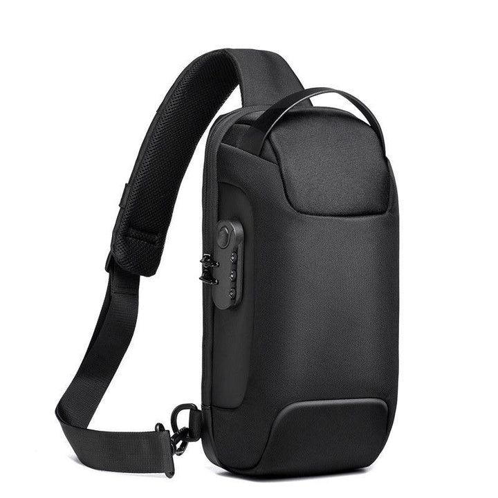Black anti-theft sling backpack with padded shoulder strap and built-in combination lock
