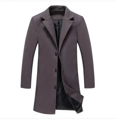 Men's dark gray long wool blend overcoat with lapel collar and three buttons