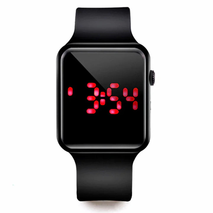 Black digital wristwatch with red LED time display showing 3:54 on rectangular screen
