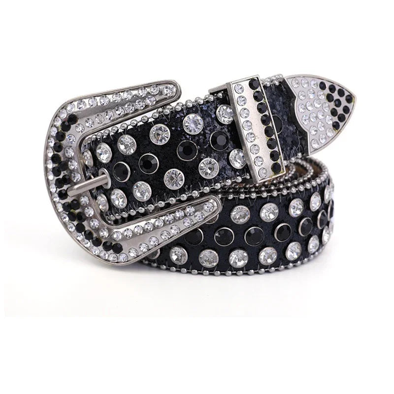 Black leather belt embellished with clear and black rhinestones and a shiny silver buckle