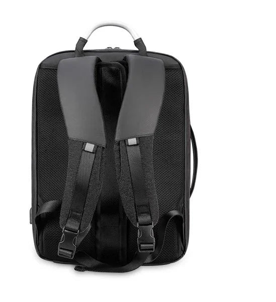 Black ergonomic backpack with padded shoulder straps and breathable mesh back panel