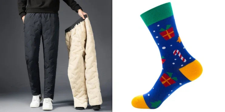 Men's black quilted winter pants with beige lining and colorful blue Christmas socks with gifts and candy canes