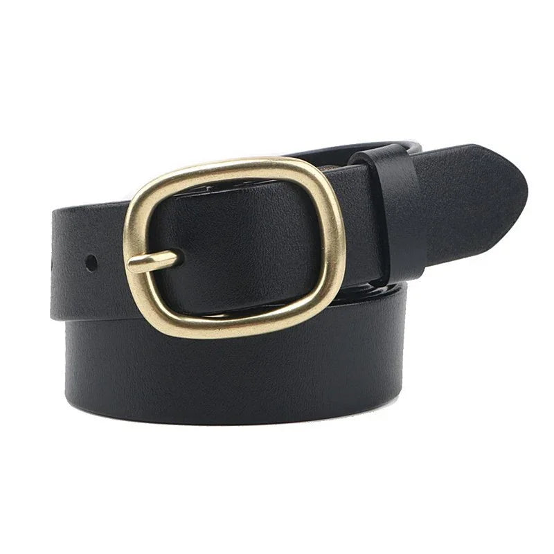Black leather belt with a rounded rectangular antique brass buckle rolled on white background