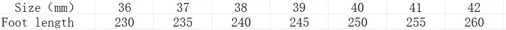 Shoe size chart table showing sizes 36 to 42 with corresponding foot lengths in millimeters