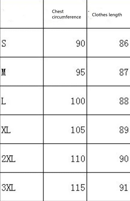 Clothing size chart showing chest circumference from 90 to 115 cm and clothes length from 86 to 91 cm for sizes S to 3XL