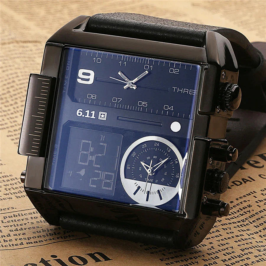 black square digital and analog wristwatch with leather strap on newspaper background