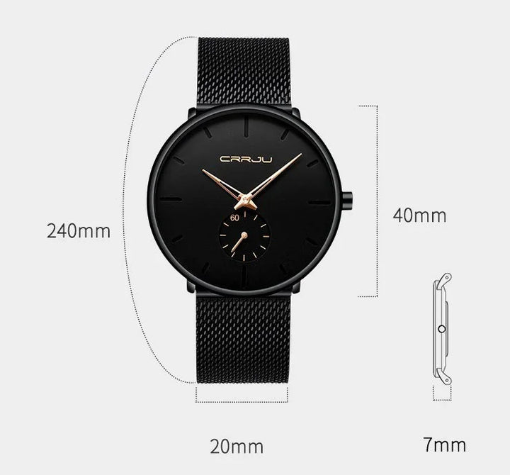 Black minimalist wristwatch with mesh strap, 40mm dial, 20mm band, 7mm thickness, gold hands