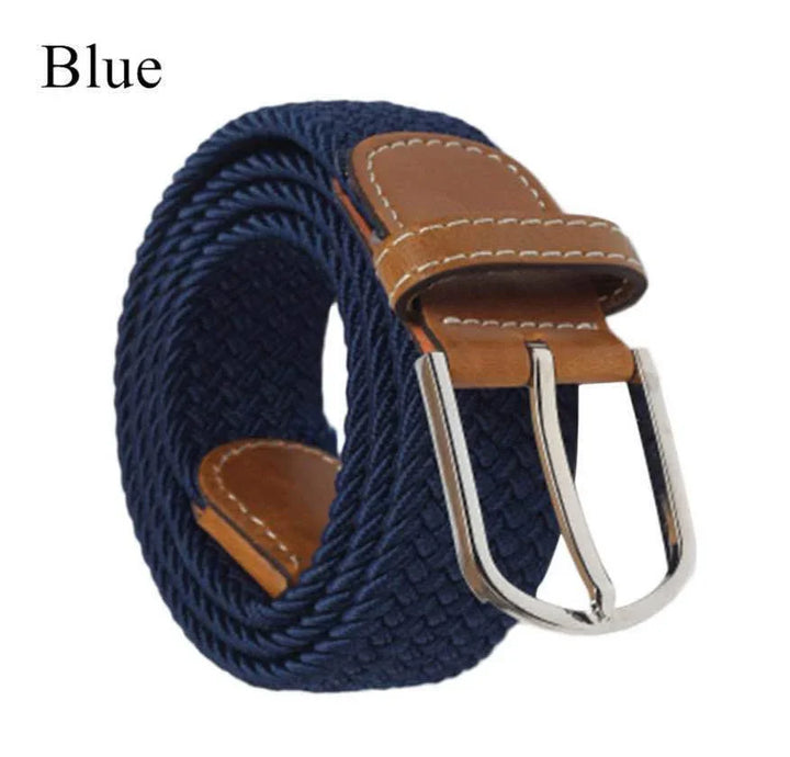 Blue woven fabric belt with brown leather accents and silver buckle