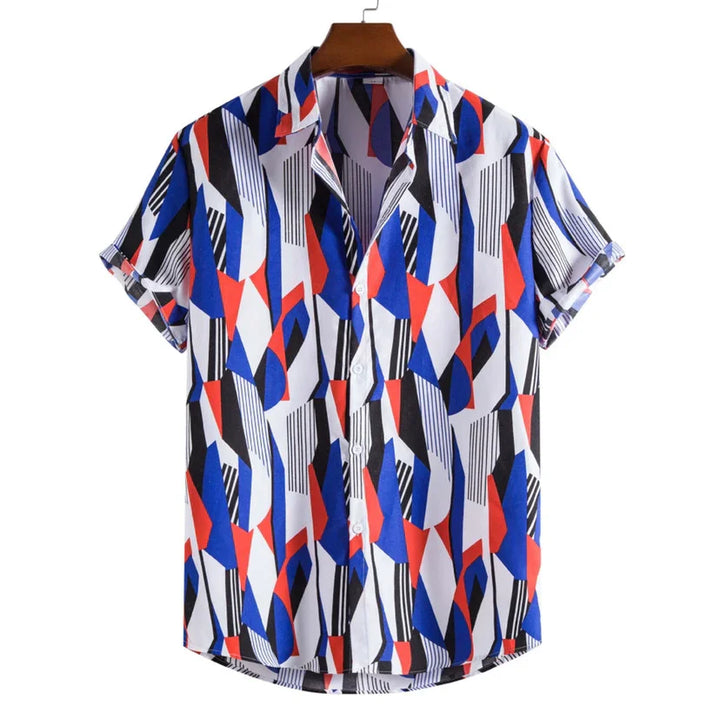 Short sleeve button-up shirt with vibrant geometric pattern in blue, red, black, and white