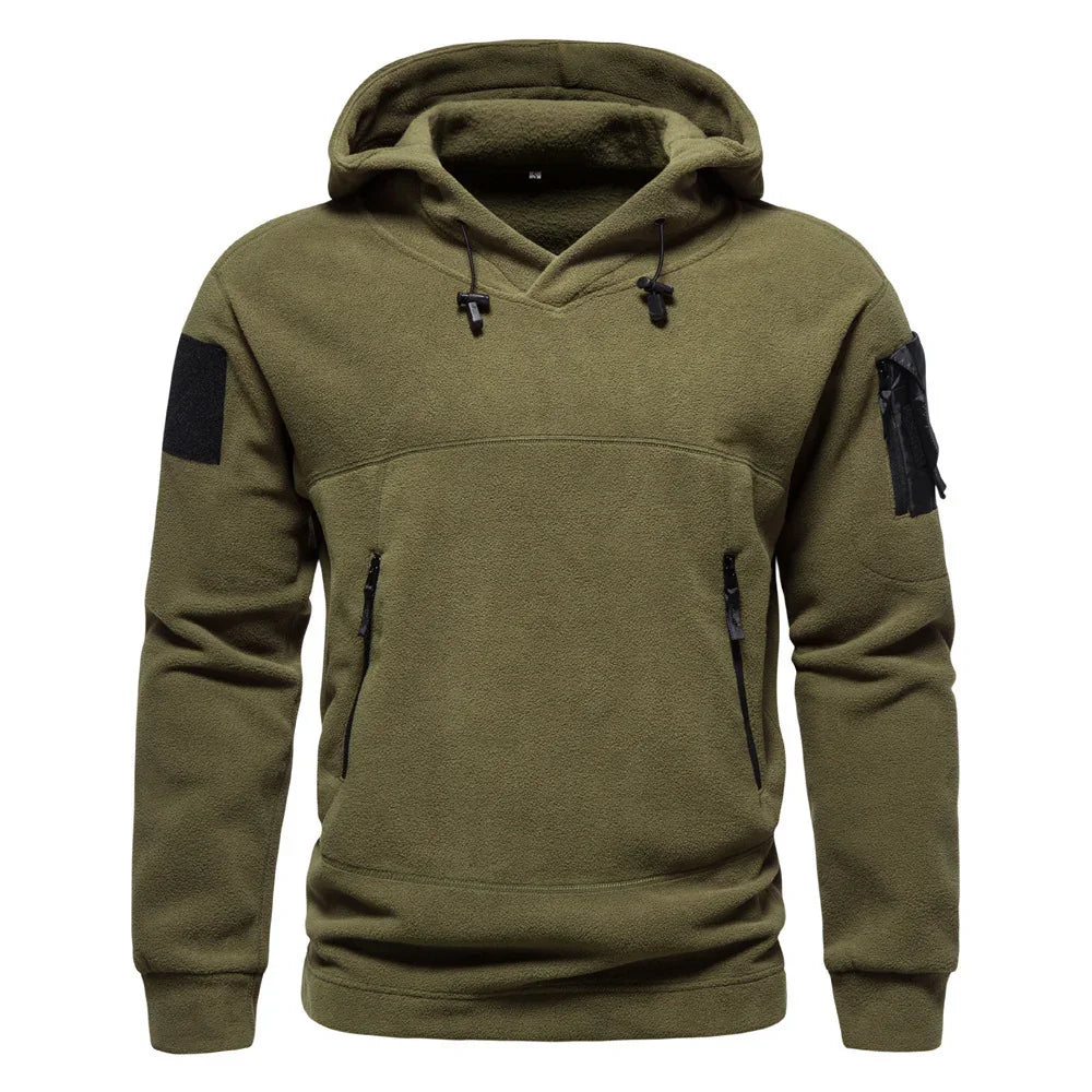 Olive green fleece tactical hoodie with zip pockets and hood