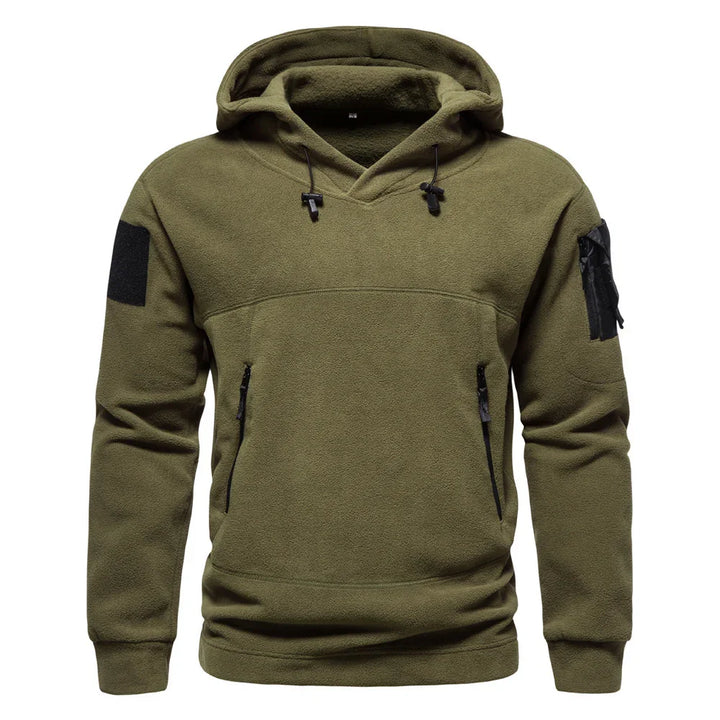Olive green fleece tactical hoodie with zip pockets and hood