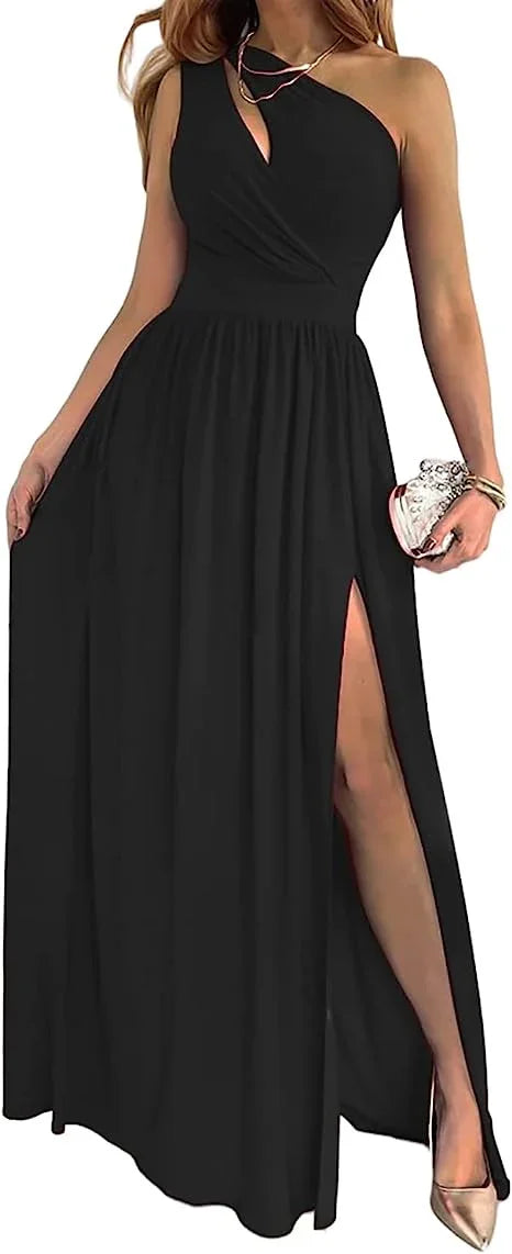 Elegant black one-shoulder evening gown with thigh-high slit, accessorized with gold heels and clutch