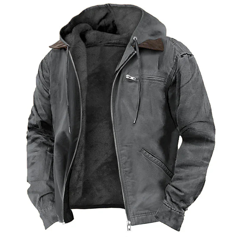 gray men's leather jacket with hoodie and zippered pockets, soft inner lining