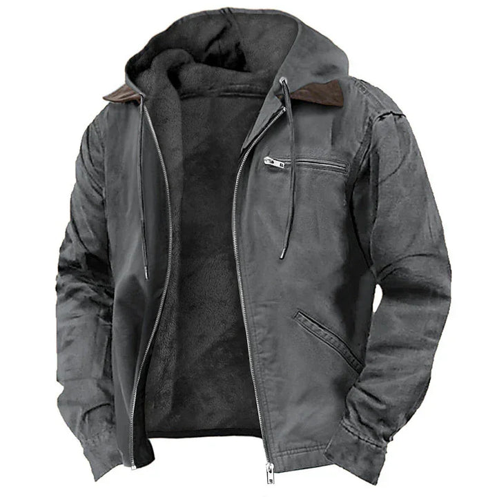gray men's leather jacket with hoodie and zippered pockets, soft inner lining