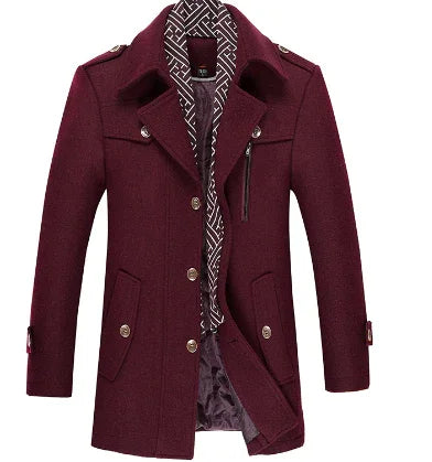 Men's burgundy wool peacoat with patterned inner lining, buttoned front, and side pockets