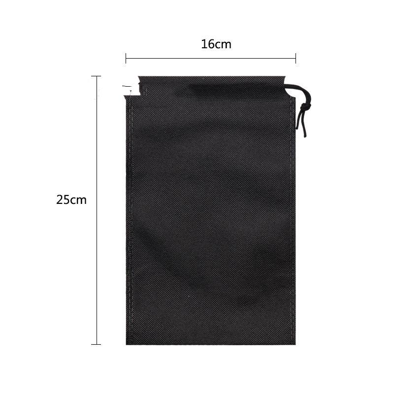 Black drawstring bag 16x25cm non-woven fabric with size dimensions on white background
