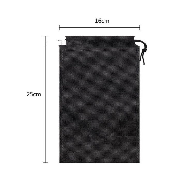 Black drawstring bag 16x25cm non-woven fabric with size dimensions on white background