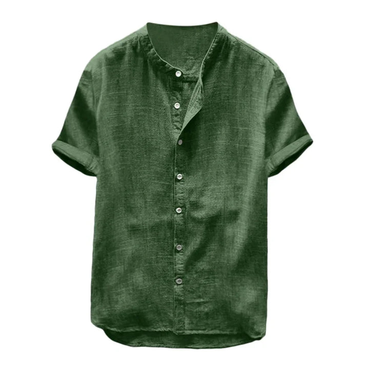 Green short-sleeve linen shirt with mandarin collar and front buttons