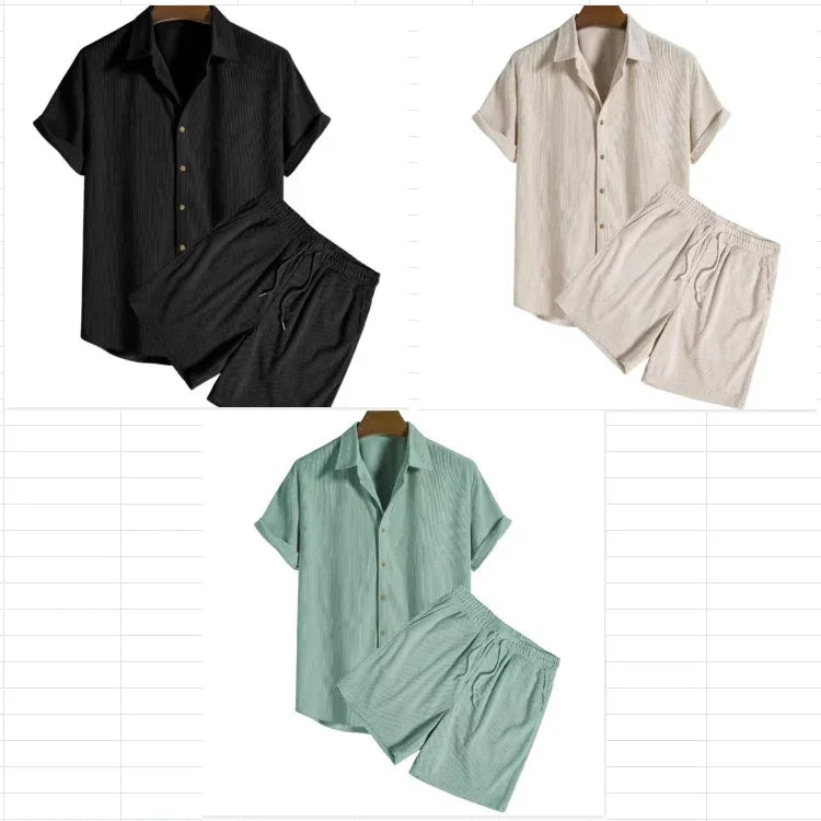 Three casual men's summer outfits with short-sleeve button shirts and elastic waist shorts in black, beige, and green