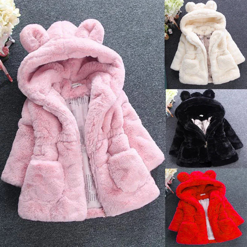 Plush toddler jackets with bear ears hood in pink, cream, black, and red colors on gray background