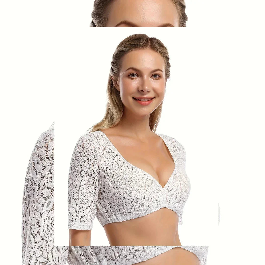 Smiling woman wearing white floral lace crop top with short sleeves on white background