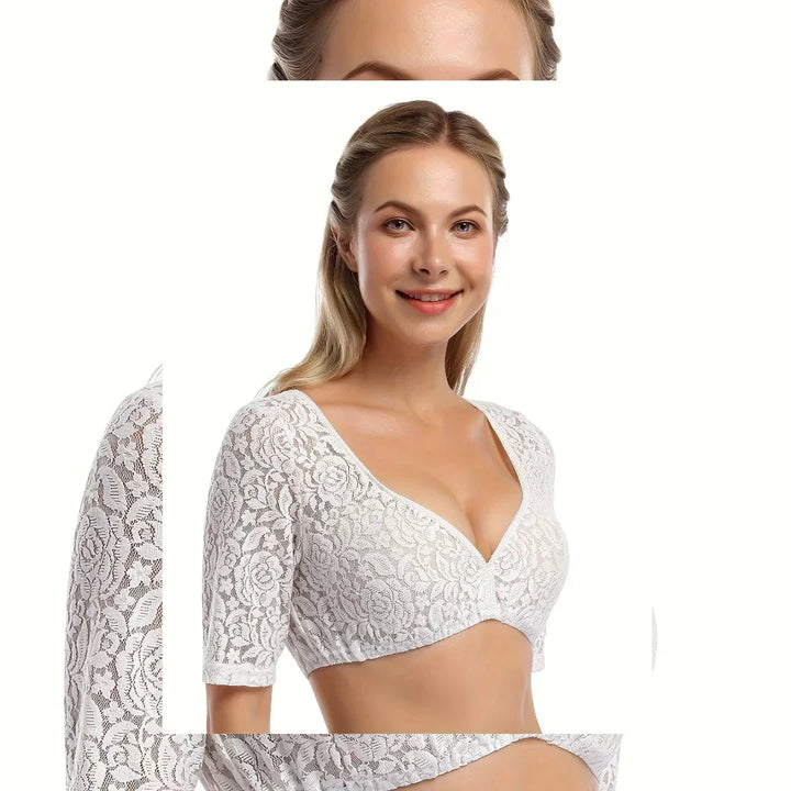 Smiling woman wearing white floral lace crop top with half sleeves on white background