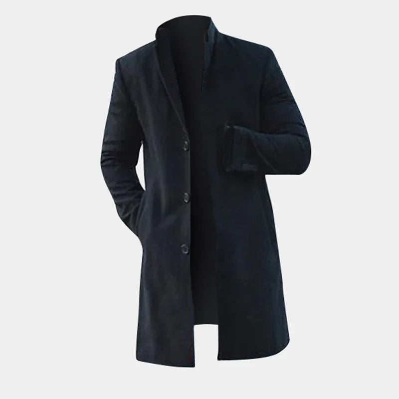sleek black men's long coat with stand collar and button closure on white background