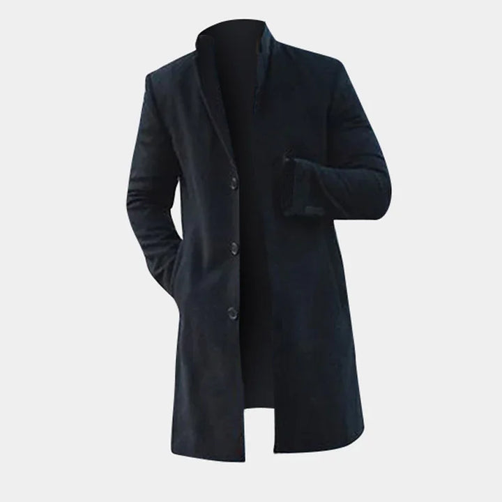 sleek black men's long coat with stand collar and button closure on white background