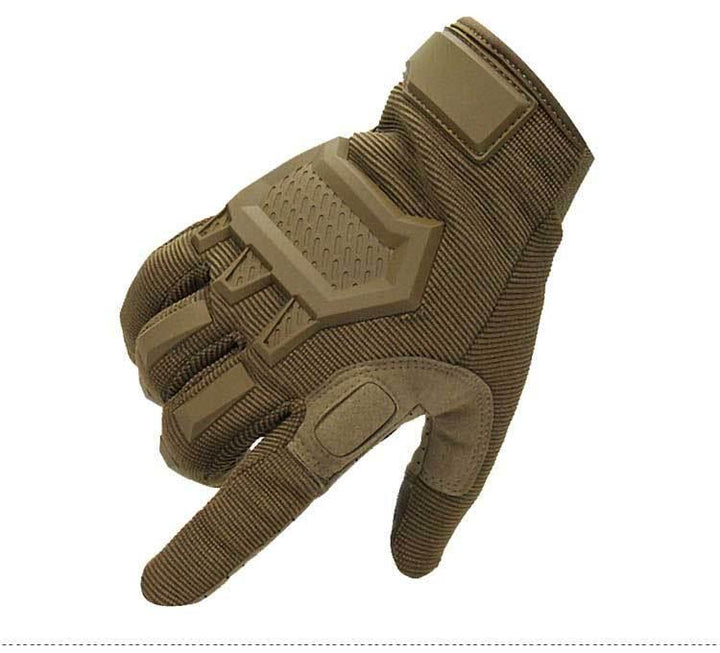 brown tactical glove with reinforced knuckles and adjustable wrist strap on white background