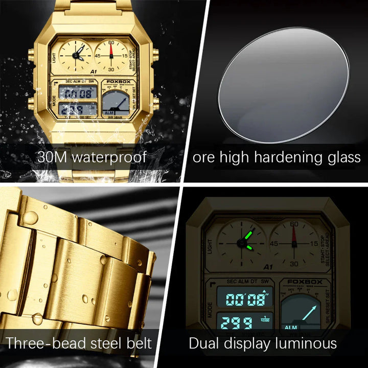 Gold FOXBOX watch with dual digital analog display, 30M waterproof, steel belt, luminous hands