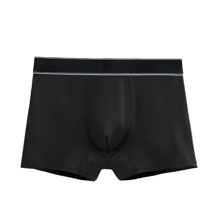 Black men's boxer briefs with a black waistband featuring thin white stripes