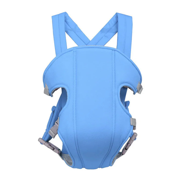 Blue ergonomic baby carrier with adjustable straps and buckles for comfortable infant carrying
