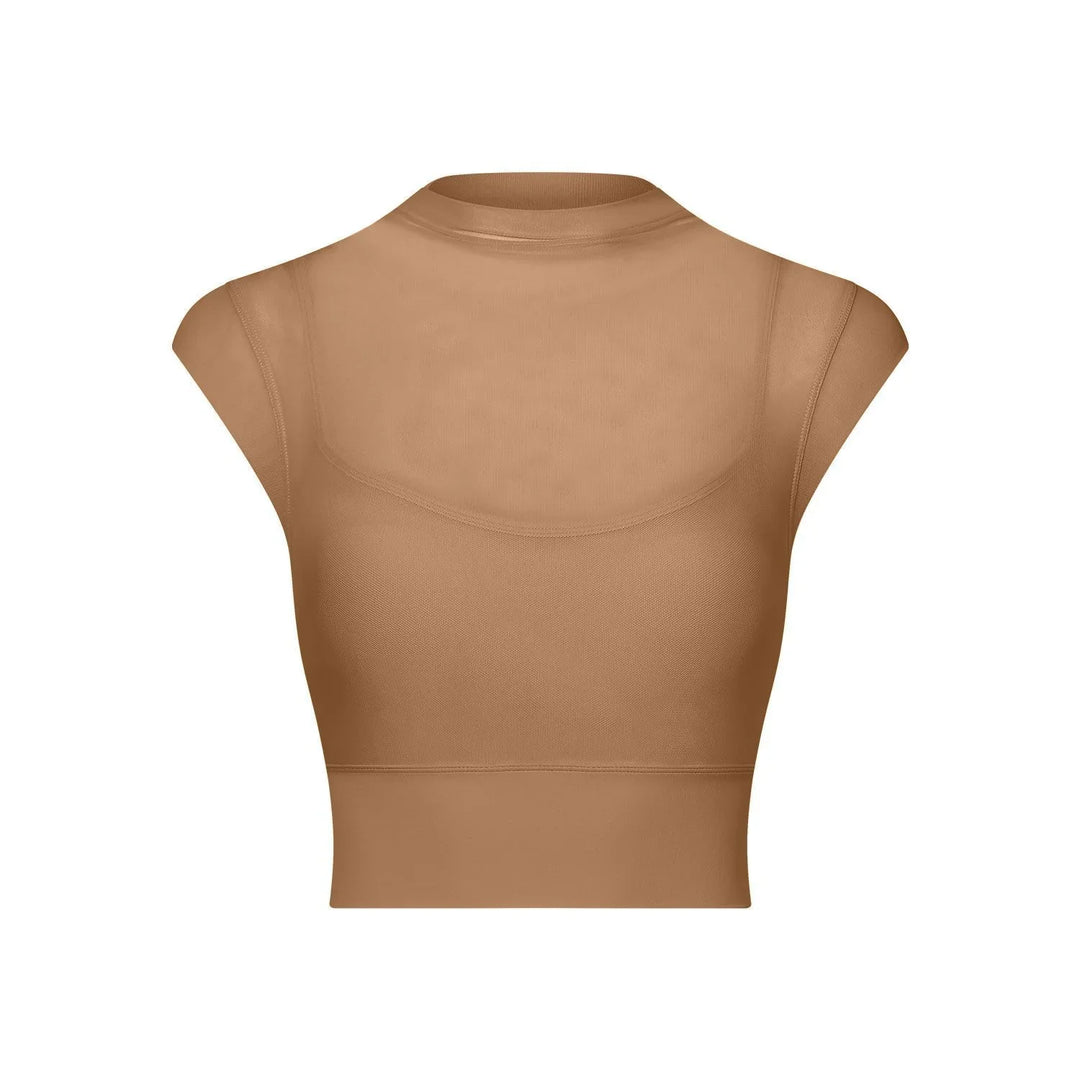 Back view of brown seamless short sleeve crop top with round neckline and mesh upper panel