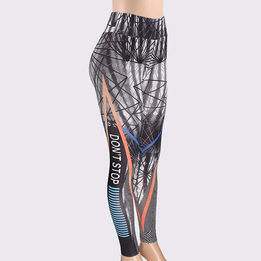 Women's high-waist leggings with abstract geometric print and motivational text 'DON'T STOP'