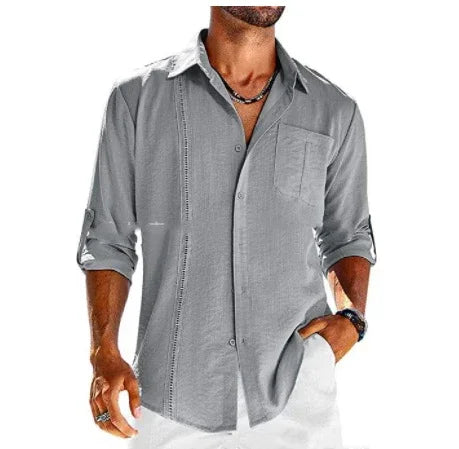 Men's casual light gray button-up shirt with rolled sleeves and chest pocket