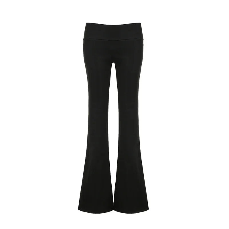 Black high-waisted flare pants isolated on white, women's stretch bell-bottom trousers