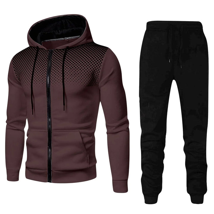 Men's two-piece casual tracksuit with a zip-up hoodie featuring a black dotted pattern and black jogger pants