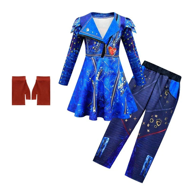 Girls blue jacket dress with zipper design, matching navy pants with gold accents, and red fingerless gloves