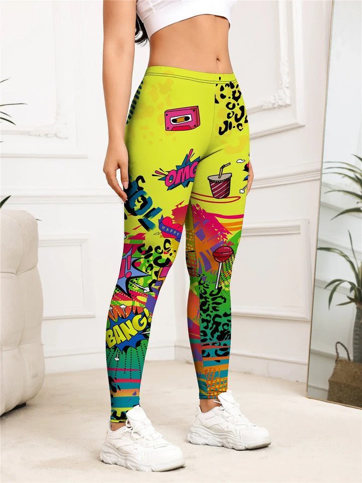 Woman wearing bright, colorful pop art print leggings with white sneakers in a modern room