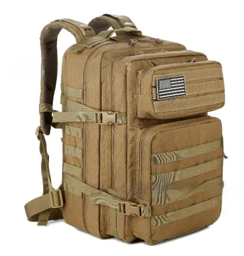 tan tactical backpack with multiple compartments and American flag patch on front pocket