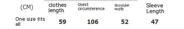 Size chart table showing clothes length 59 cm, chest circumference 106 cm, shoulder width 52 cm, sleeve length 47 cm for one size fits all.